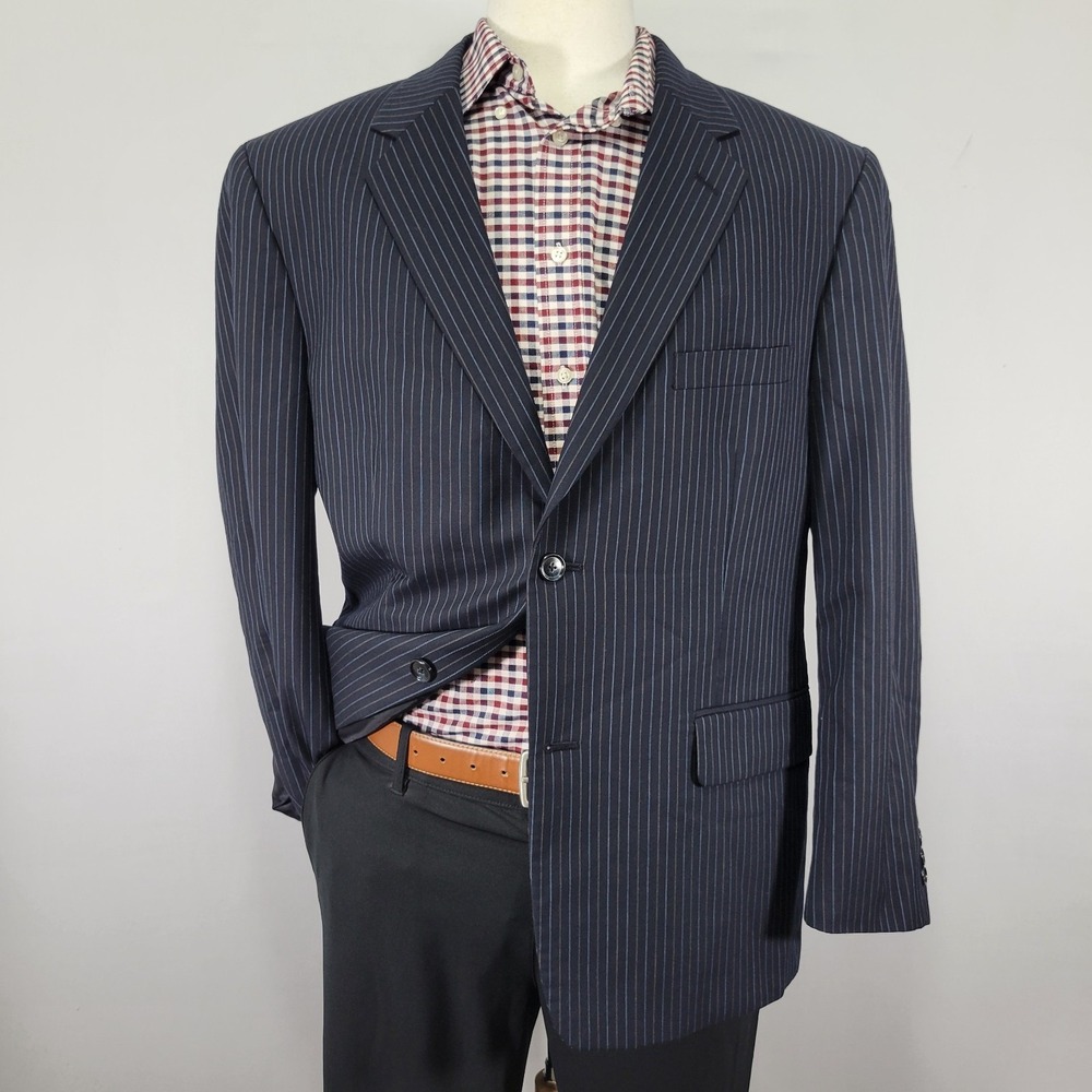 Tasso‎ Elba Men's Sport Coat Blazer Two Button Navy Blue Striped Wool Size 44S